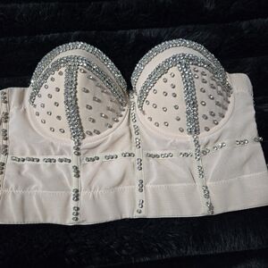 Embellished Strapless Bustier Bra in Blush with Rhinestones
